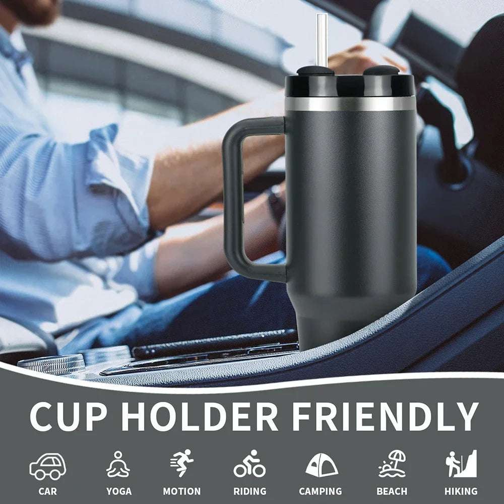 Large 40oz Stainless Steel Travel Mug with Handle & Straw – Hot & Cold Tumbler