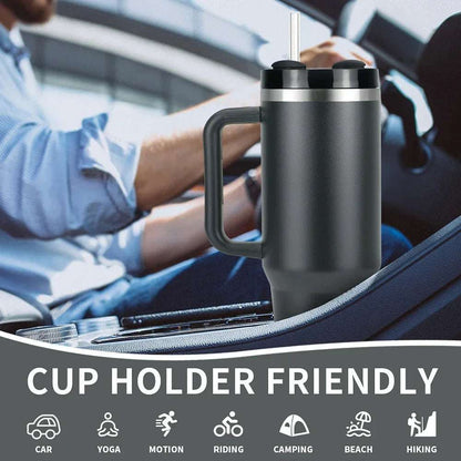 Large 40oz Stainless Steel Travel Mug with Handle & Straw – Hot & Cold Tumbler