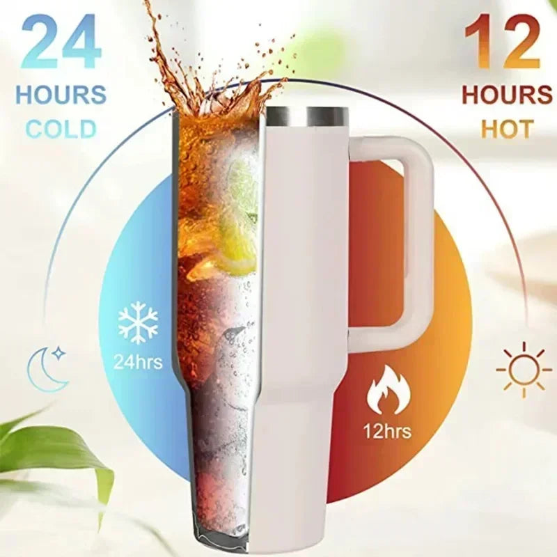 Large 40oz Stainless Steel Travel Mug with Handle & Straw – Hot & Cold Tumbler
